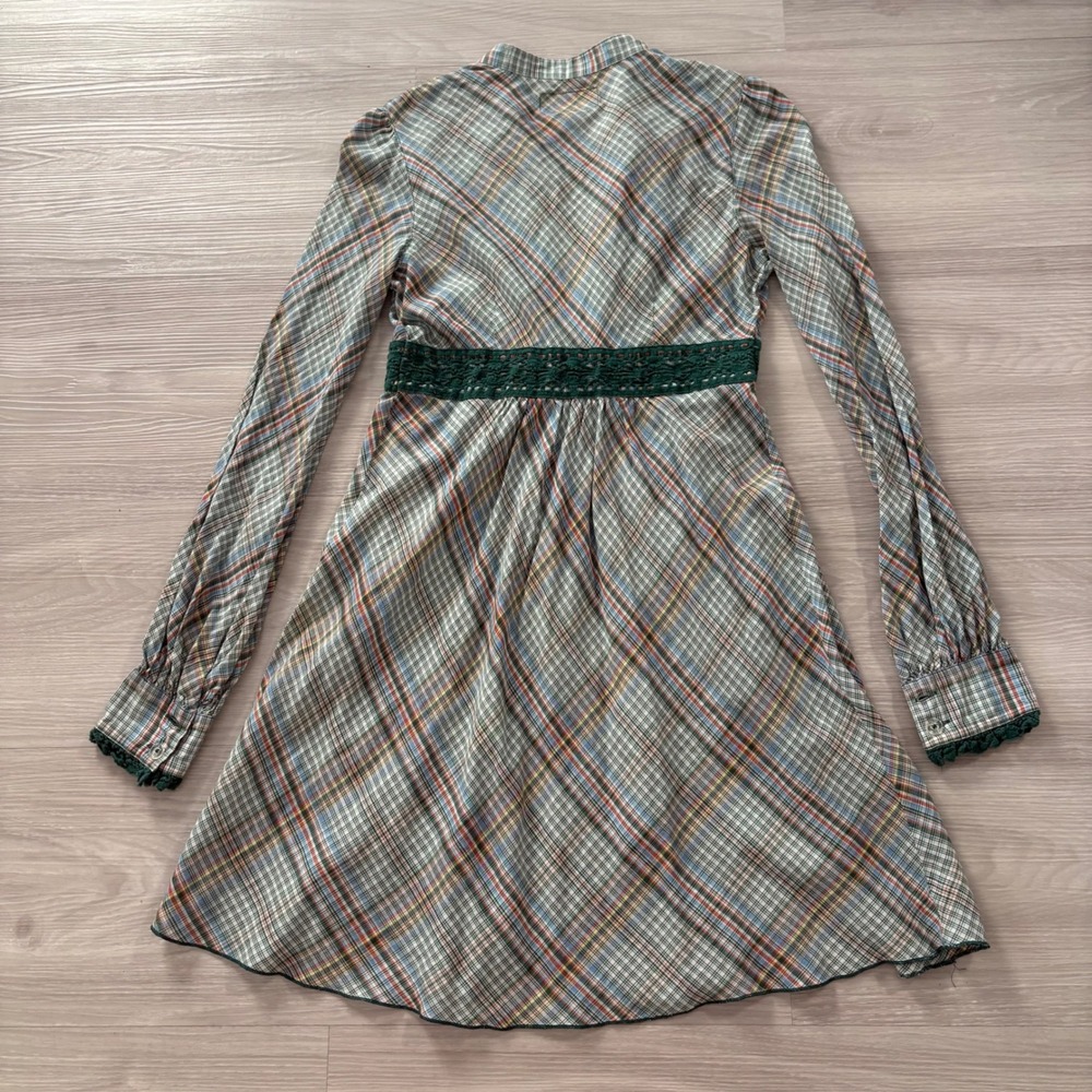 Free People Plaid Mini Dress Women Green Crochet Lace Empire Waist Long Sleeve 6 - Picture 3 of 14
